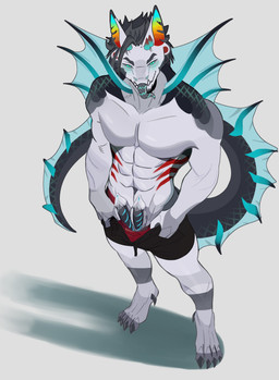 2_penises 4_toes abs animal_genitalia animal_penis anthro athletic_wear black_hair black_sclera blue_body blue_eyes blue_scales bottomwear clothing ear_piercing fangs feet frill_(anatomy) genitals gradient_horn gradient_penis gym_bottomwear gym_shorts hair hemipenes horn looking_at_viewer male markings multi_genitalia multi_penis multicolored_ears penis penis_poking_out piercing rainbow_ears ridged_penis scales shorts solo tail teeth toes tongue tongue_out unzipped_shorts lady_sharpy mythology vincent_(huf13) aquatic dragon fish hybrid lionfish mythological_creature mythological_scalie perciform scalie scorpaenoid absurd_res hi_res