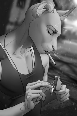 5_fingers anthro cigarette clothed clothing eyes_closed fingers male solo whiskers wildering domestic_cat felid feline felis mammal 2019 2:3 digital_media_(artwork) hi_res monochrome