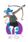 anthro arrow_(weapon) barefoot black_bottomwear black_clothing black_shorts blue_body blue_fur blue_hair blue_horn blue_nose bottomwear bow_(weapon) braided_hair braided_ponytail breasts brown_clothing brown_jacket brown_topwear clothed clothing cosplay drawing_bowstring feet female fully_clothed fur grey_clothing grey_shirt grey_topwear hair hindpaw holding_bow_(weapon) holding_object holding_ranged_weapon holding_weapon horn humanoid_hands jacket looking_at_viewer paws plantigrade ponytail ranged_weapon shirt shorts snout solo standing tail topwear weapon white_body white_fur xxtempurarollxx the_hunger_games katniss_everdeen african_wild_dog canid canine demon mammal 2015 2:3 digital_drawing_(artwork) digital_media_(artwork) flat_colors full-length_portrait portrait