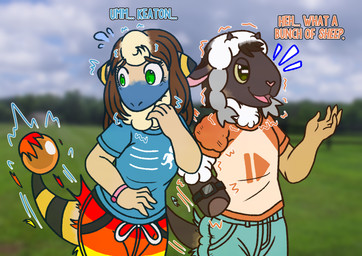 blurred_background brown_body brown_eyes brown_fur brown_hair clock clothed clothing cocky dialogue duo female feral fur green_eyes growth hair hooves horizontal_pupils horn horn_growth long_hair loss_of_dexterity male mid_transformation oblivious open_mouth pupils snout snout_growth tail tail_burst tail_growth_in_pants tail_orb tan_body tan_fur text torn_clothing transformation unaware_transformation watch white_body white_fur wool_(fur) wristband wristwatch yellow_body yellow_fur flrnfluff nintendo pokemon bovid caprine generation_2_pokemon generation_8_pokemon human mammal mareep pokemon_(species) wooloo english_text hi_res