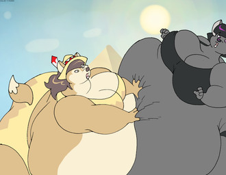 anthro belly big_belly big_breasts big_butt black_hair bottomwear bra breasts brown_hair butt clothing duo fat_arms female fur grey_body grey_fur hair hand_on_belly hat headgear headwear huge_belly huge_breasts huge_butt huge_thighs light morbidly_obese morbidly_obese_anthro morbidly_obese_female multicolored_body multicolored_fur obese obese_anthro obese_female open_mouth overweight overweight_anthro overweight_female panties pyramid sun sunlight tan_body tan_fur thick_thighs topwear two_tone_body two_tone_fur underwear virus-20 aziza_jackal june_coyote canid canine canis coyote jackal mammal 2024 digital_media_(artwork) hi_res