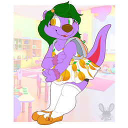 ankle_tuft anthro backpack biped brown_nose clothed clothing eyebrow_through_hair eyebrows fangs female footwear fur glistening glistening_eyes green_eyebrows green_eyes green_hair hair inside leg_tuft logo long_hair open_mouth open_smile orange_clothing orange_eyes orange_footwear orange_shoes purple_body purple_ears purple_fur purple_tail red_body red_fur red_tail red_tongue shoes smile socks solo standing tail teeth tongue translucent translucent_hair tuft white_clothing white_footwear white_socks young young_anthro heyitsjaq mammal mustelid otter 1:1 artist_logo hi_res