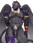 abs anthro asymmetrical_coloring black_body black_fur blush body_hair bulge chest_hair clothing detailed_bulge embarrassed fur genital_outline genitals latex male melanistic mostly_nude muscular muscular_anthro muscular_male nipples pecs penis penis_outline pubes solo thong underwear wings aaassstaro lifewonders tokyo_afterschool_summoners tezcatlipoca_(tas) felid mammal pantherine hi_res