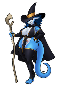 anthro armwear big_breasts blue_body bracelet breasts cape cleavage clothed clothing digitigrade eyelashes feet female hat headgear headwear huge_breasts inner_ear_fluff jewelry magic_user non-mammal_breasts red_eyes solo staff thick_thighs toeless_legwear toeless_thigh_highs tuft white_body wide_hips witch witch_hat blazbaros mythology dragon mythological_creature mythological_scalie scalie wingless_dragon 2026 hi_res