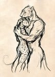 anthro duo female female/female hug markings nude open_mouth simple_background size_difference spots spotted_body standing maquenda balaa_(character) nimmeth amur_leopard felid leopard lion mammal pantherine digital_media_(artwork) monochrome sketch