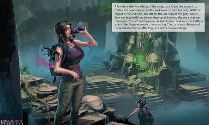 backpack big_breasts bottomwear breasts cargo_pants clothed clothing duo female jewelry magic necklace not_furry painting_(object) pants ruins shirt solo_focus tank_top tentacles text topwear orionart tomb_raider lara_croft samantha_nishimura human mammal 2019 5:3 digital_media_(artwork) english_text story