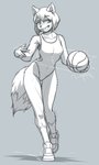 3:5 5_fingers absurd_res anthro ball basketball_(ball) brand_new_animal breasts canid canine clothed clothing facial_markings female fingers fluffy fluffy_tail footwear fur grey_background hair head_markings hi_res mammal markings mask_(marking) michiru_kagemori mykegreywolf navel_outline one-piece_swimsuit raccoon_dog shoes simple_background sketch smile solo sport_swimsuit standing studio_trigger swimwear tail tanuki teeth