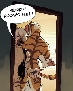 anthro balls bottomless clothed clothing dialogue_box genitals male nipples nude pawpads penis sex speech_bubble stripes tail talking_to_viewer text topwear topwear_only vest vest_only jrjresq felid hyena mammal pantherine tiger english_text hi_res