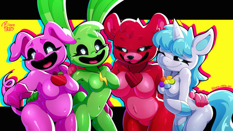 anthro black_eyes blue_hair breasts featureless_breasts featureless_crotch female floppy_ears folded_ears fur green_body green_fur hair horn looking_at_viewer nude nude_female pink_body pink_skin pose red_body red_fur smile bere_dolly_art mob_entertainment mythology poppy_playtime smiling_critters bobby_bearhug craftycorn hoppy_hopscotch pickypiggy bear domestic_pig equid equine lagomorph leporid mammal mythological_creature mythological_equine rabbit suid suine sus_(pig) unicorn absurd_res hi_res pinup wallpaper