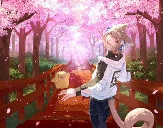 accessory ambiguous_gender black_clothing black_topwear blue_bottomwear blue_clothing blue_pants bottomwear bow_ribbon brown_ears brown_hair cherry_blossom cherry_blossom_tree cherry_tree clothed clothing dot_eyes duo featureless_crotch flower forest fruit_tree hair hair_accessory hair_bow hair_ribbon light light_beam light_body light_skin looking_at_viewer male open_mouth open_smile orange_eyes pants plant prunus_(flower) ribbons shrub simple_eyes smile standing sunbeam sunlight three-quarter_view topwear tree unsigned corzh77 animal_humanoid cat_humanoid felid felid_humanoid feline feline_humanoid humanoid mammal mammal_humanoid species_request absurd_res hi_res