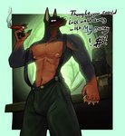 anthro bottomwear brass_knuckles cigar cigar_smoke clothed clothing currency_symbol detailed_background dollar_sign first_person_view green_bottomwear green_clothing green_pants holding_cigar holding_object inside looking_at_viewer low-angle_view male melee_weapon multicolored_body nipples pants smoke solo standing symbol text three-quarter_view topless weapon ksatti canid canine canis dobermann domestic_dog mammal pinscher 2024 detailed digital_drawing_(artwork) digital_media_(artwork) english_text hi_res