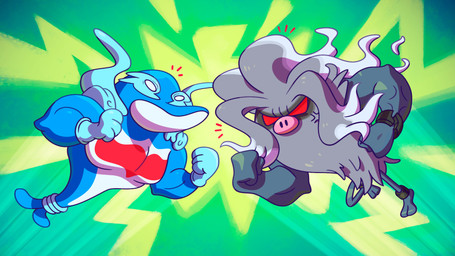 ambiguous_gender blue_body blue_fur duo fight fur green_background red_eyes simple_background metapod_para_presidente nintendo pokemon annihilape generation_9_pokemon palafin palafin_(hero_form) pokemon_(species) 16:9 hi_res widescreen