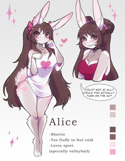 accessory anthro bangs big_eyes bottomless bracelet breasts brown_hair brown_pupils buckteeth chest_tuft clothed clothing collar color_swatch dialogue digitigrade eyebrows eyelashes eyelashes_through_hair eyeshadow female fluffy fluffy_tail freckled_breasts freckled_face freckles fur fur_markings grey_body grey_fur hair hair_accessory hair_ribbon heart_(marking) heart_clothing heart_shirt heart_symbol heart_topwear hearts_around_head inner_ear_fluff jewelry long_ears long_eyelashes long_hair makeup markings open_mouth open_smile pantsless pink_body pink_eyeshadow pink_fur pink_markings pupils ribbons shirt shirt_only short_tail smile solo sparkles speech_bubble tail teeth text topwear topwear_only translucent translucent_hair tuft twintails_(hairstyle) white_body white_fur wide_hips kekyi fan_character lagomorph leporid mammal rabbit absurd_res english_text hi_res model_sheet story story_in_description