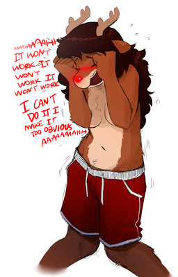adorable_distress anthro antlers bodily_fluids bottomwear breasts brown_body brown_fur brown_hair clothed clothing countershading crossdressing dialogue embarrassed exhibitionism female flying_sweatdrops fur hair horn long_hair low-riding navel open_mouth oversized_bottomwear oversized_clothing partially_clothed red_nose simple_background solo sweat sweatdrop swimming_trunks swimwear text tomboy topless topless_anthro topless_female white_background the-minuscule-task male_swimwear_challenge rue_(the-minuscule-task) deer mammal new_world_deer reindeer 2020 digital_media_(artwork) english_text hi_res shaded
