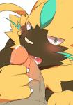 2019 anon anthro blush bodily_fluids claws cute_fangs duo felid fellatio foreskin fur generation_7_pokemon genital_fluids genitals human human_on_anthro interspecies legendary_pokemon licking looking_at_viewer male male/male mammal nintendo oral penile penis penis_lick pokemon pokemon_(species) pokephilia precum sex tongue tongue_out vein veiny_penis whiskers yellow_body yellow_fur yoshizaurusu_n zeraora