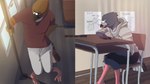 anthro bottomwear bus classroom clothing commercial_vehicle desk desperation duo furniture hoodie male pants school shorts sweatpants table topwear vehicle jager-darklite animal_humanoid avian avian_humanoid humanoid 16:9 hi_res widescreen