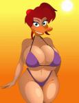 anthro big_breasts bikini breasts cleavage clothed clothing female huge_breasts looking_at_viewer non-mammal_breasts side_boob smile solo swimwear two-piece_swimsuit under_boob ducktits disney mighty_ducks mallory_mcmallard anas anatid anseriform avian bird dabbling_duck duck mallard absurd_res hi_res