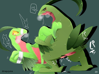 anal animal_genitalia bdsm blush bodily_fluids bondage bound duo erection feral gag genital_slit genitals heart_symbol intraspecies leg_glider_position male male/male muzzle_(object) muzzled penis raised_leg sex simple_background tears ragujuka nintendo pokemon generation_3_pokemon grovyle pokemon_(species) 4:3