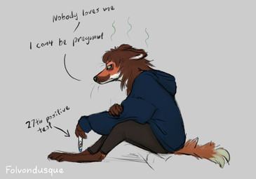 4_toes 5_fingers anthro barefoot bottomwear brown_body brown_fur brown_hair clothing dialogue feet female femcel fingers fur hair hindpaw hoodie humanoid_hands in_denial multicolored_body multicolored_fur pants paws positive_pregnancy_test pregnancy_test pregnant pregnant_anthro pregnant_female sitting smelly solo stench stench_lines tail text toes topwear two_tone_body two_tone_fur white_body white_fur folvondusque canid canine mammal maned_wolf english_text hi_res