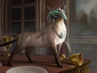 ambiguous_gender chair container cup detailed_background feral fur furniture glowing glowing_eyes goblet green_eyes grey_body grey_fur liquid plate solo spilled_drink standing table tail whiskers window dan_scott hasbro magic:_the_gathering wizards_of_the_coast domestic_cat felid feline felis mammal official_art