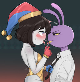 accessory anthro blush blush_lines blush_stickers bodily_fluids breasts clothing duo eye_contact eyelashes female glistening_eyelids gloves grey_body hair handwear heart_symbol leotard long_eyelashes looking_at_another male male/female necktie purple_body saliva short_hair size_difference small_breasts smaller_female smile tongue melancholia glitch_productions the_amazing_digital_circus jax_(tadc) pomni_(tadc) humanoid lagomorph leporid mammal rabbit hi_res