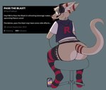 anthro beverage_can big_butt blush butt clothing electronics furniture headgear headphones headset headset_microphone jockstrap lace legwear looking_at_viewer looking_back male sitting solo stool text thigh_highs underwear passtheblast fan_character english_text