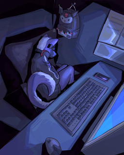 accessory alternative_fashion ambiguous_gender anthro backpack bow_ribbon cellphone computer computer_mouse electronics female fluffy fluffy_tail fur hair_accessory hair_bow hair_ribbon headphones headphones_around_neck j-fashion jirai_kei keyboard light perspective phone purple_body purple_fur ribbons sleeping solo tail double-zr-tap aggretsuko onegai_my_melody sanrio kuromi shikabane_(aggretsuko) demon lagomorph leporid mammal mephitid rabbit skunk 2023 4:5 absurd_res hi_res lighting female_(lore)