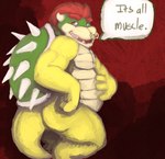 anthro bowser bowser_day dextriux facial_piercing hair hi_res koopa male mario_bros musclegut muscular muscular_male nintendo nose_piercing nose_ring orange_eyes piercing red_background red_hair ring_piercing scales scalie shell simple_background solo speech_bubble spikes spikes_(anatomy) text yellow_body yellow_scales