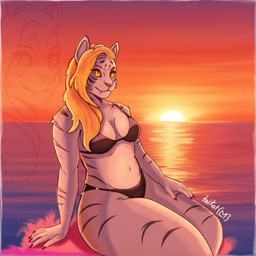 anthro backlighting beach bikini black_bikini black_clothing black_stripes black_swimwear blonde_hair clothing detailed_background female fur hair horizon landscape light long_hair looking_at_viewer nature orange_eyes orange_hair outside sea sitting solo stripes sun sunset swimwear two-piece_swimsuit water white_body white_fur taikat microsoft the_elder_scrolls felid feline khajiit mammal pantherine tiger 1:1 digital_media_(artwork) hi_res lighting shaded