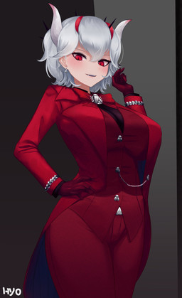 breasts clothed clothing female fully_clothed gloves handwear horn looking_at_viewer red_eyes solo hyo_g helltaker beelzebub_(helltaker) demon humanoid absurd_res hi_res