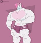 abs anthro big_muscles bottomwear bouncing_pecs bulge clothing hair horn male muscular muscular_male nipples pec_flexing pecs pink_hair shorts simple_background solo unicorn_horn unibro_pi mythology unibro_pi_(character) equid equine mammal mythological_creature mythological_equine unicorn 2d_animation animated hi_res short_playtime