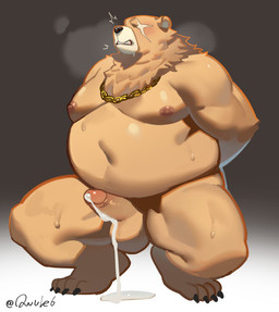 anthro balls belly bodily_fluids brown_body brown_fur crouching cum erection facial_scar fur genital_fluids genitals jewelry looking_pleasured male navel necklace nipples nude orgasm overweight penis scar solo owule mihoyo zenless_zone_zero ben_bigger bear mammal absurd_res hi_res