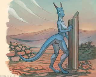 4_toes 5_fingers anthro areola blue_body breasts claws digitigrade feet female finger_claws fingers genitals horn landscape_background light neck_spikes nipples nude nude_anthro nude_female outside pillar rock ruins side_view solo spiked_tail spikes spikes_(anatomy) tail toe_claws toes vulva arcr-cric mythology dragon mythological_creature mythological_scalie scalie 2025 digital_media_(artwork) full-length_portrait hi_res lighting portrait signature