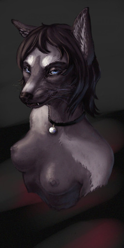anthro black_choker black_hair black_jewelry black_necklace black_nose blue_eyes breasts choker fangs female fur grey_body grey_breasts grey_fur grey_nipples hair jewelry looking_at_viewer narrowed_eyes necklace nipples nude simple_background solo teeth unsigned whiskers himeragoldtail vik_hollow canid mammal 1:2 2017 half-length_portrait hi_res portrait