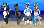 anthro beach belly big_belly clothing female group hair multiple_pregnancies outside pregnant pregnant_anthro pregnant_female seaside swimwear geckoguy123456789 ozzy-wildwind jennifer_(geckoguy123456789) canid canine canis mammal mephitid skunk wolf