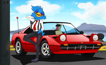 anthro avian_feet barefoot beak bedroom_eyes big_breasts blue_body bottomwear breasts car clothed clothed_anthro clothed_female clothing feathers feet female fingers half-closed_eyes hand_behind_head looking_at_viewer narrowed_eyes nipple_outline nipples non-mammal_breasts non-mammal_nipples open_beak open_mouth outside pants seductive shirt smile solo suspenders tail tail_feathers toes topwear vehicle yellow_beak pountach ferrari avian bird certhioid wren digital_media_(artwork) hi_res