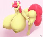 2022 absurd_res aged_up anthro apple_bloom_(mlp) areola bent_over big_breasts big_butt breasts butt digital_media_(artwork) equid equine female friendship_is_magic hair half-closed_eyes hasbro hi_res huge_breasts huge_butt hyper hyper_breasts hyperstorm_h long_hair looking_at_viewer mammal my_little_pony narrowed_eyes nipples nude orange_eyes red_hair simple_background smile solo yellow_areola yellow_nipples