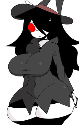 accessory anthro big_breasts black_choker black_clothing black_hair black_jewelry black_legwear black_necklace black_thigh_highs breasts choker clothed clothed_anthro clothed_female clothing cross curvy_figure dress eyelashes female female_anthro fingers front_view furgonomic_hat furgonomic_headwear furgonomics grey_clothing grey_dress hair hair_accessory hair_over_eye hairclip hat headgear headwear huge_hips huge_thighs inverted_cross inverted_cross_hair_clip jewelry legwear long_hair navel_outline necklace one_eye_obstructed red_sclera simple_background solo thick_thighs thigh_highs tight_clothing tight_dress white_background white_body white_ears wide_hipped_anthro wide_hipped_female wide_hips witch_hat xarop77 catwitch_(xarop77) domestic_cat felid feline felis mammal 2025 digital_drawing_(artwork) digital_media_(artwork) hi_res portrait three-quarter_portrait