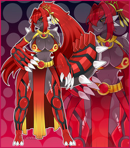 anthro armor big_breasts border breasts butt clothing corset dress female gloves gold_(metal) hair handwear huge_breasts lingerie long_hair red_border solo topwear revkoen nintendo pokemon generation_3_pokemon groudon legendary_pokemon pokemon_(species) absurd_res hi_res model_sheet