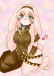 :< anthro bangs barefoot bent_legs blush breasts closed_frown collar curved_eyebrows ears_down eyebrow_through_hair eyebrows feet female floppy_ears frown fur hair hair_on_shoulder hands_behind_back kemono kneeling long_hair looking_at_viewer mouth_closed musical_note musical_symbol nipple_outline paws pink_body pink_fur pink_hair pivoted_ears solo symbol translucent translucent_hair unknown_artist vocaloid megurine_luka lagomorph leporid mammal rabbit digital_media_(artwork) digital_painting_(artwork) painting_(artwork) pink_theme