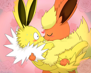 ambiguous_gender black_nose blush bridal_carry carrying_another duo feral fur heart_symbol nose_to_nose paws red_body red_ears red_fur tail white_body white_fur yellow_body yellow_ears yellow_fur yellow_tail kenikenikeke nintendo pokemon eeveelution flareon generation_1_pokemon jolteon pokemon_(species) 2024 5:4 hi_res