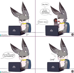 ambiguous_gender anthro chair collar computer countershading dialogue electronics furniture laptop paws sitting solo table text senz no_nut_november sean_(senz) iradeon english_text hi_res meme url