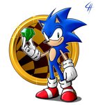 5_fingers anthro black_nose blue_body blue_fur chaos_emerald clothing featureless_crotch fingers footwear fur gem gloves green_eyes grin handwear holding_object shoes smile solo white_clothing white_gloves white_handwear limehazard sega sonic_the_hedgehog_(series) sonic_the_hedgehog eulipotyphlan hedgehog mammal hi_res