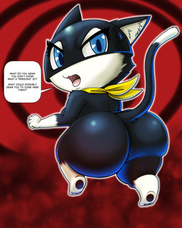 3_toes abstract_background anthro big_butt black_body black_fur blue_eyes breasts butt crossgender eyelashes fangs feet female fur huge_butt inner_ear_fluff kerchief kerchief_only long_tail looking_at_viewer male open_mouth pawpads rear_view shortstack shortstack_male solo speech_bubble standing tail talking_to_viewer teeth text thick_thighs toes tongue tuft white_body white_fur white_sclera docsye atlus megami_tensei persona_(series) persona_5 sega morgana_(persona) domestic_cat felid feline felis mammal 2026 4:5 absurd_res digital_media_(artwork) english_text hi_res