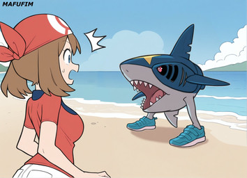 ambiguous_gender beach breasts brown_hair clothed clothing cloud duo female footwear footwear_only hair kerchief mostly_nude open_mouth pale_skin sand sharp_teeth shirt shoes shoes_only teeth tongue topwear mafufim italian_brainrot_animals nintendo pokemon may_(pokemon) tralalero_tralala generation_3_pokemon human mammal pokemon_(species) sharpedo hi_res meme