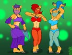 5_toes anthro armband barefoot bedroom_eyes breasts cleavage clothed clothing eyes_closed feet female group hair hair_over_eye harem_outfit jewelry looking_at_viewer narrowed_eyes navel necklace one_eye_obstructed seductive toes translucent translucent_clothing trio veil irkingir vixen_(sorcererlance) deer mammal hi_res