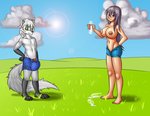 anthro big_breasts breasts bulge clothed clothing duo erect_nipples female green_eyes grey_hair hair long_tail male nipples purple_eyes slim tail topless unzipped unzipped_pants wardrobe_malfunction zipper malezor suibelly ian_the_wolf sapphire_violet canid canine canis human mammal wolf hi_res