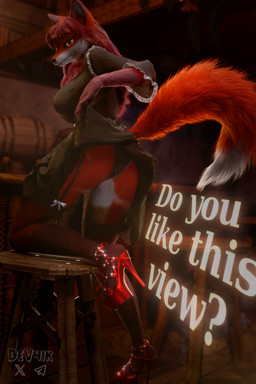 anthro aroused bar black_clothing bottomwear butt claws clenched_teeth clothing dress feet female fluffy fluffy_tail foot_focus footwear fur hair high_heels lace_stockings legwear long_hair looking_at_viewer low-angle_view multicolored_body one_leg_up pants passionate pose presenting presenting_hindquarters raised_leg red_body red_clothing red_footwear red_fur red_hair red_shoes shoes shoes_on showing_leg showing_teeth smile solo standing stockings tail teeth text toe_claws two_tone_body yellow_eyes dev4ik 3d_(artwork) absurd_res digital_media_(artwork) hi_res pinup
