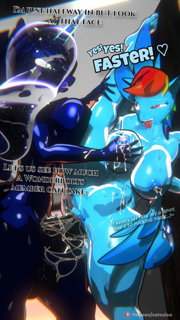 abdominal_bulge abs ahegao all_fours animal_genitalia animal_penis anthro balls big_breasts big_clitoris big_penis blue_body blue_eyes blue_nipples bodily_fluids breast_milking breasts clitoris cosmic_flesh cosmic_hair dark_body dark_nipples dialogue dripping duo equine_genitalia equine_penis ethereal_hair feet female genital_fluids genitals glistening glistening_body glistening_breasts glistening_eyes hair hand_on_breast huge_breasts huge_penis lactating looking_pleasured milk milk_drip multicolored_hair multicolored_tail muscular muscular_female muscular_legs nipples penetration penis precum precum_drip purple_body purple_tongue rainbow_hair rainbow_tail saliva saliva_on_tongue saliva_string smile spread_legs spreading sweat sweatdrop sweaty_body sweaty_breasts sweaty_legs tail teeth text thick_thighs tongue tongue_out vaginal vaginal_penetration wings satoxica friendship_is_magic hasbro my_little_pony princess_luna_(mlp) rainbow_dash_(mlp) equid equine horse mammal pony 9:16 digital_media_(artwork) english_text hi_res