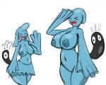5:4 areola breast_size_difference breasts conditional_dnp digital_media_(artwork) duo exclamation_point female generation_2_pokemon generation_3_pokemon hi_res humanoid navel nintendo nipples not_furry nude open_mouth pokemon pokemon_(species) question_mark quin-nsfw simple_background white_background wobbuffet wynaut